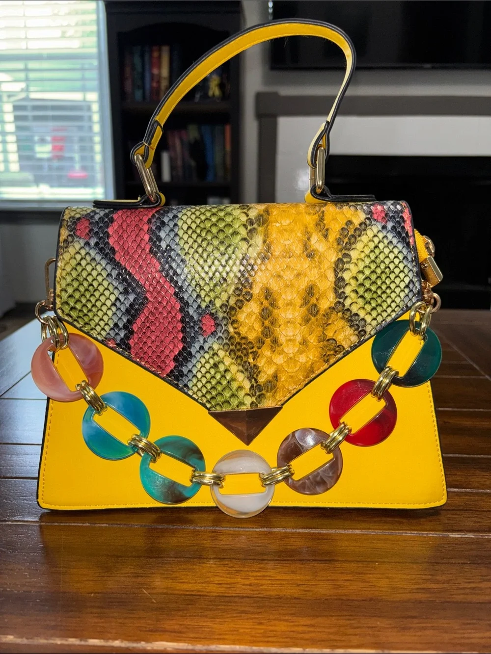 Yellow Multi-Color Snake-Print Top-Handle Bag
